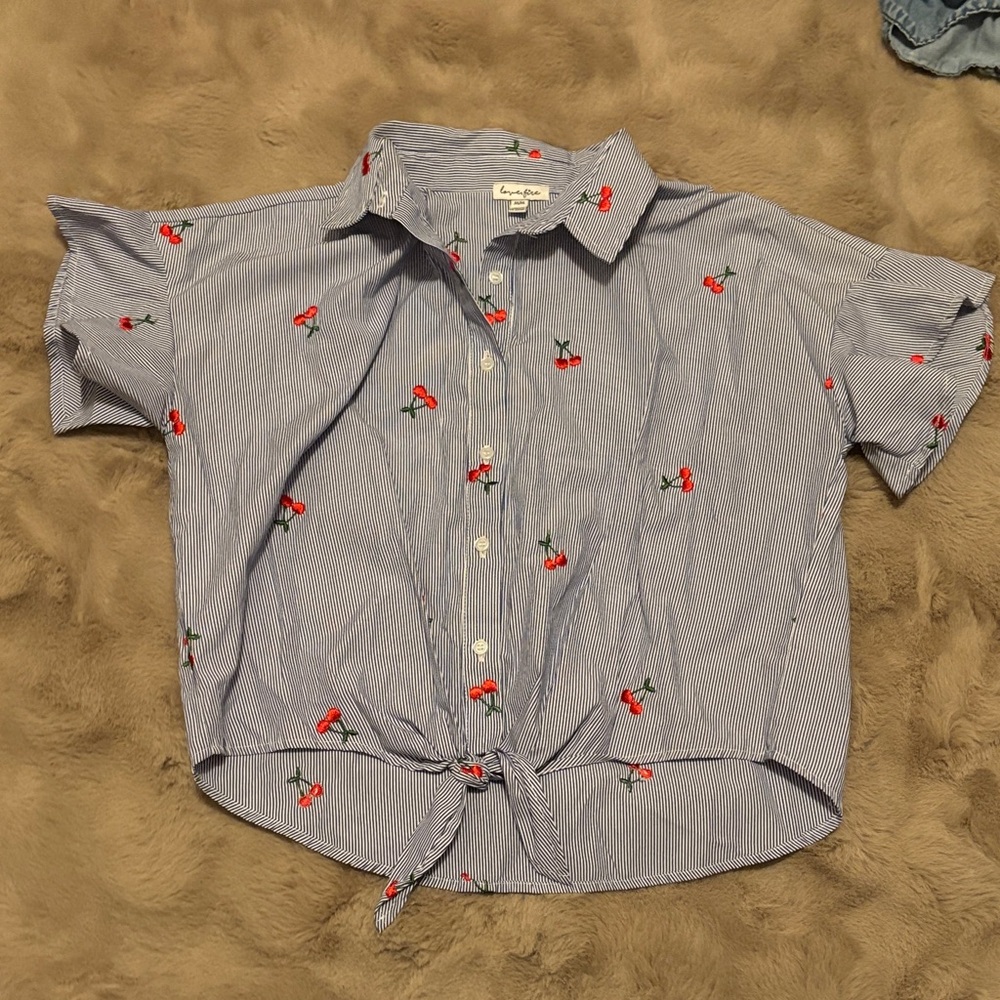 Love, Fire Blue and White Striped Shirt with Cherry Embroidery